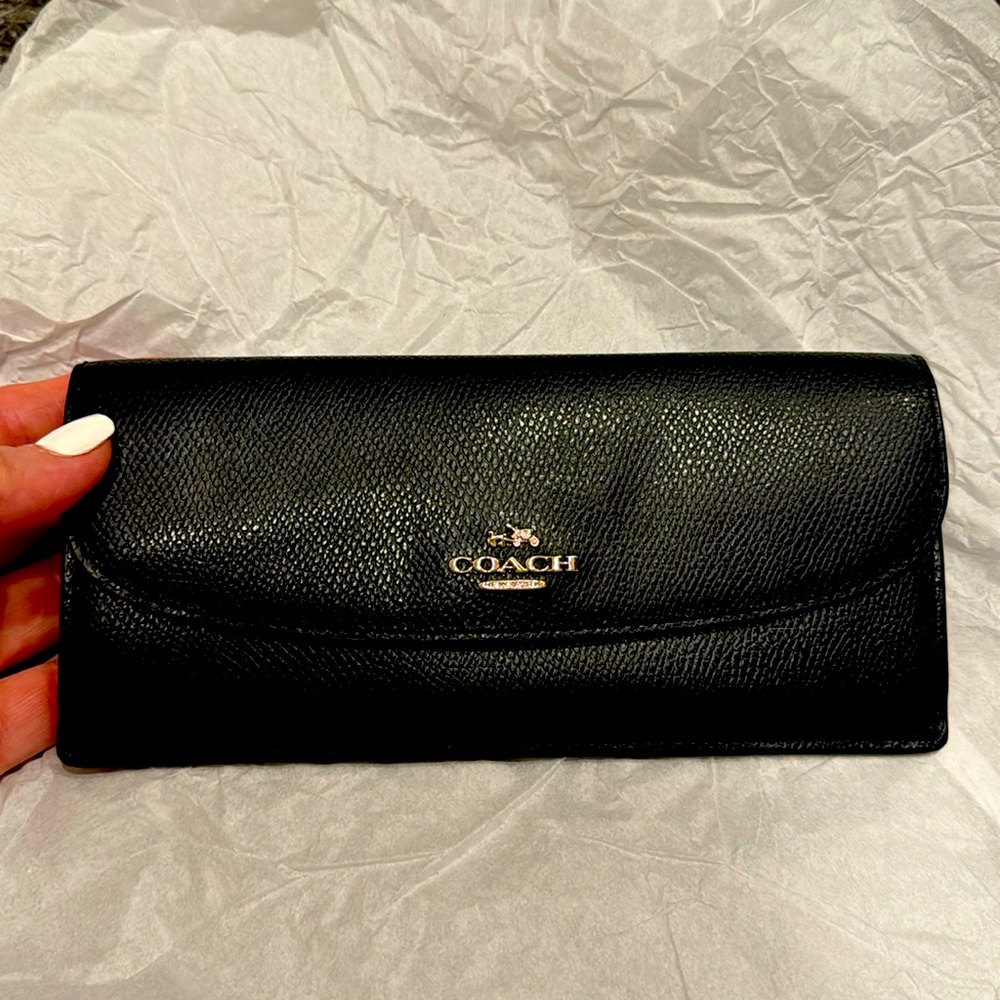 Coach Soft Wallet in Black Crossgrain Saffiano Leather